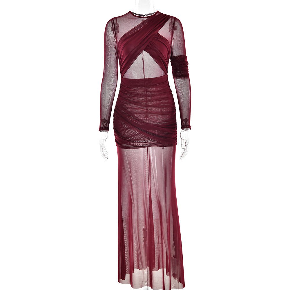 The Mesh Spice | Women's Sexy Mesh Shrink-Pleated Long-Sleeve Maxi Dress