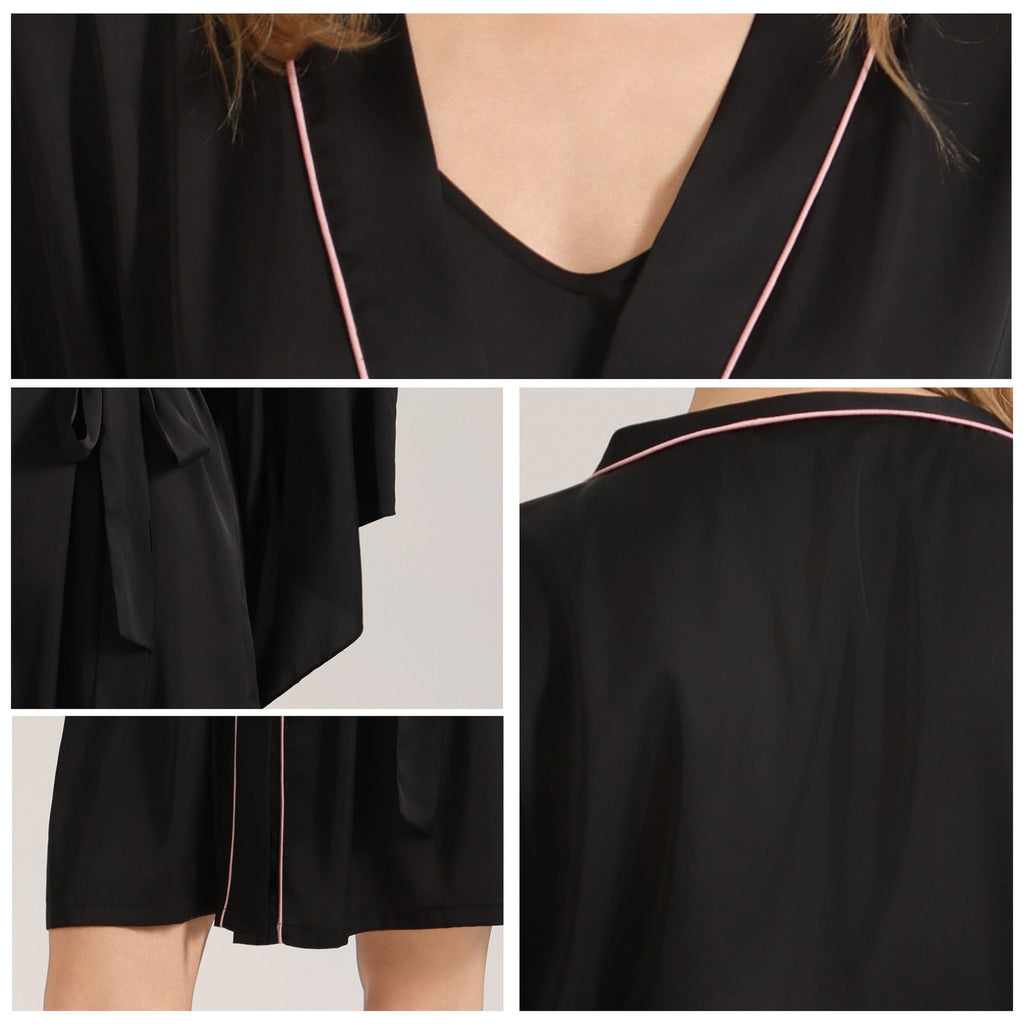 The Noir Elegance | Women's Satin Wide-Sleeve Short Robe