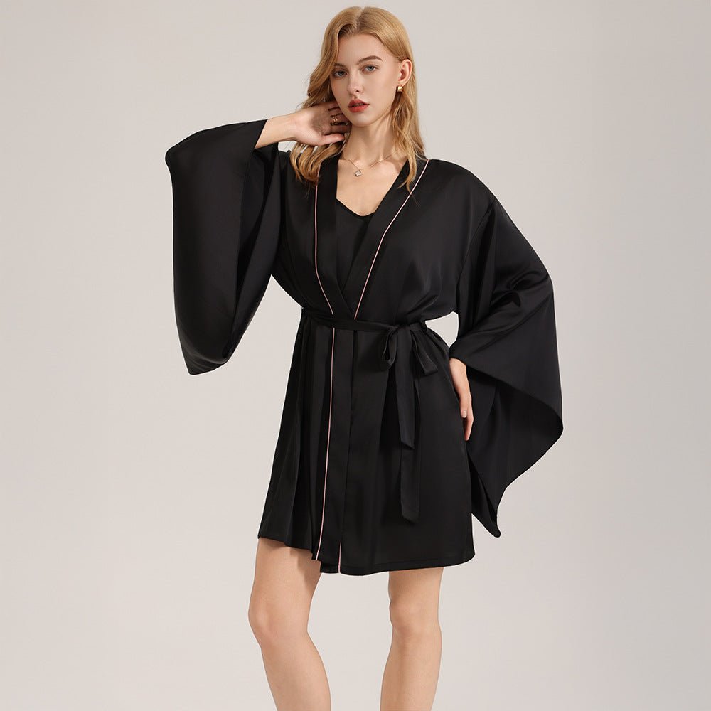 The Noir Elegance | Women's Satin Wide-Sleeve Short Robe