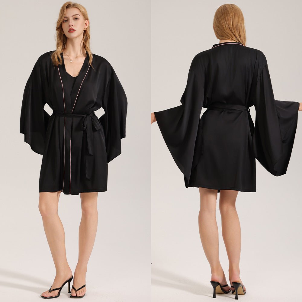 The Noir Elegance | Women's Satin Wide-Sleeve Short Robe