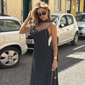 The Polka Dot Temptation | Black Polka Dot V-Neck Backless Maxi Swing Dress