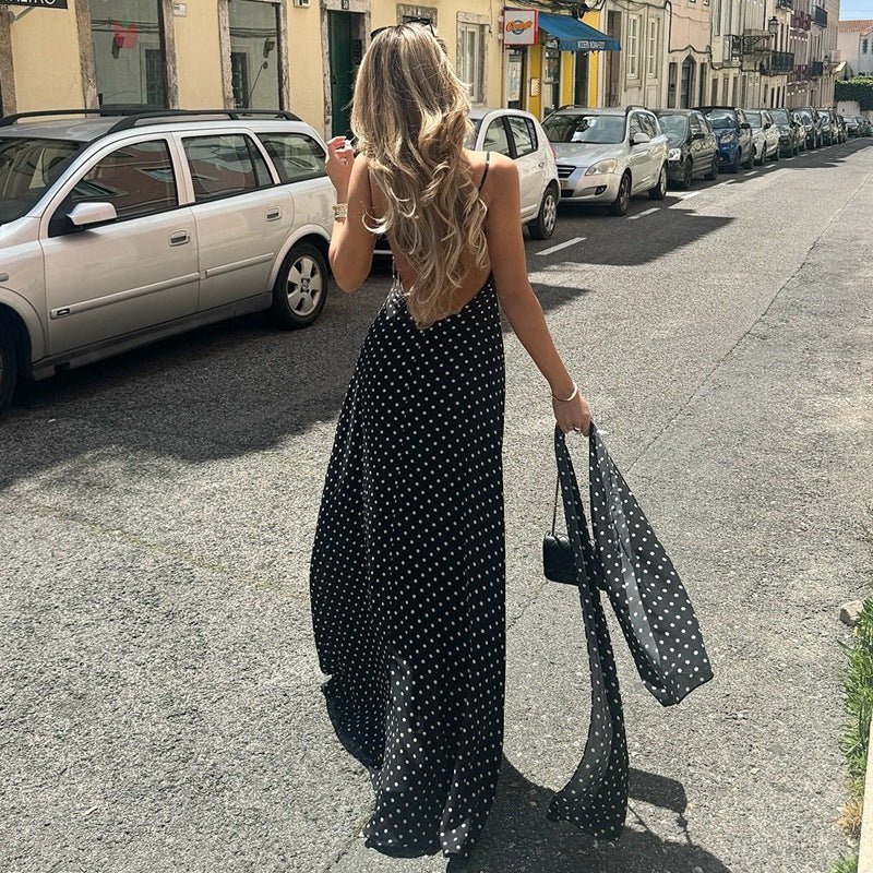 The Polka Dot Temptation | Black Polka Dot V-Neck Backless Maxi Swing Dress