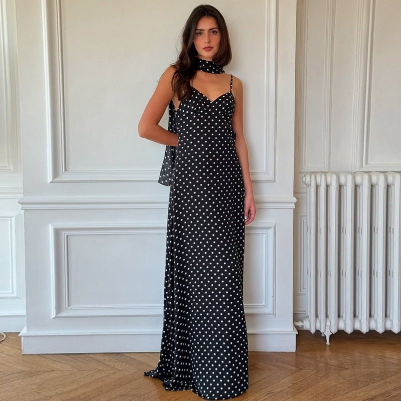 The Polka Dot Temptation | Black Polka Dot V-Neck Backless Maxi Swing Dress