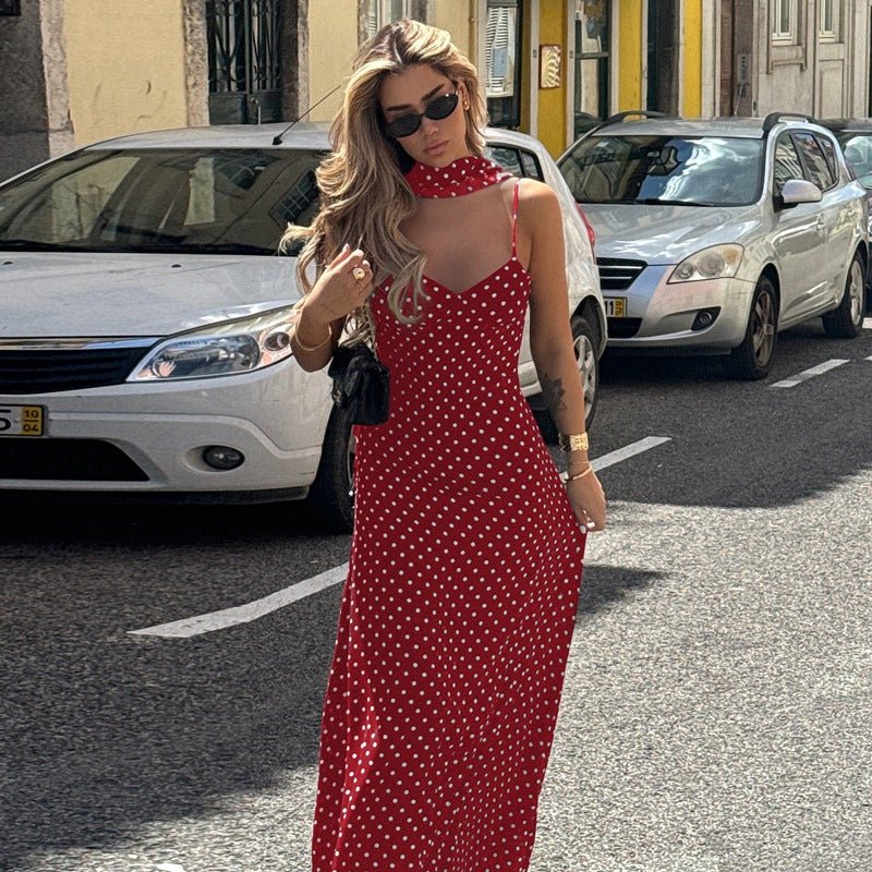 The Polka Dot Temptation | Black Polka Dot V-Neck Backless Maxi Swing Dress