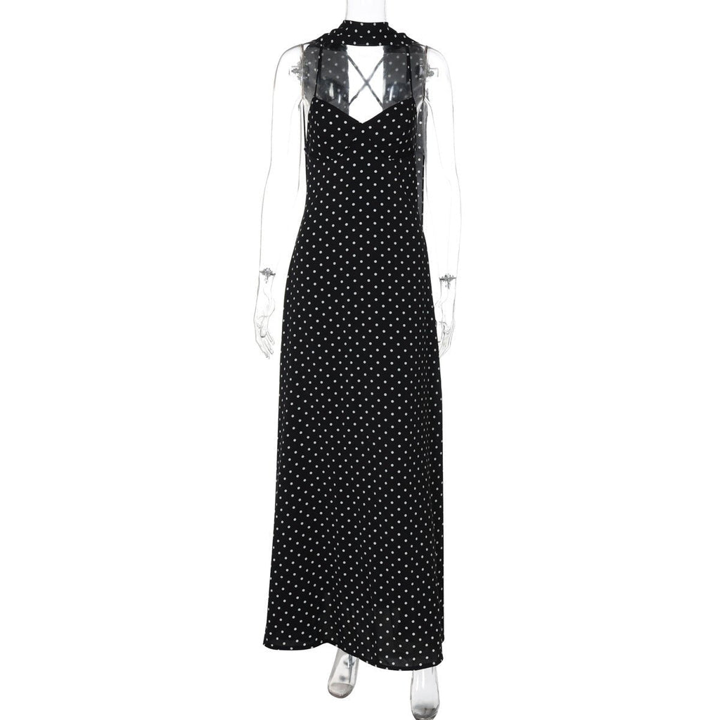 The Polka Dot Temptation | Black Polka Dot V-Neck Backless Maxi Swing Dress