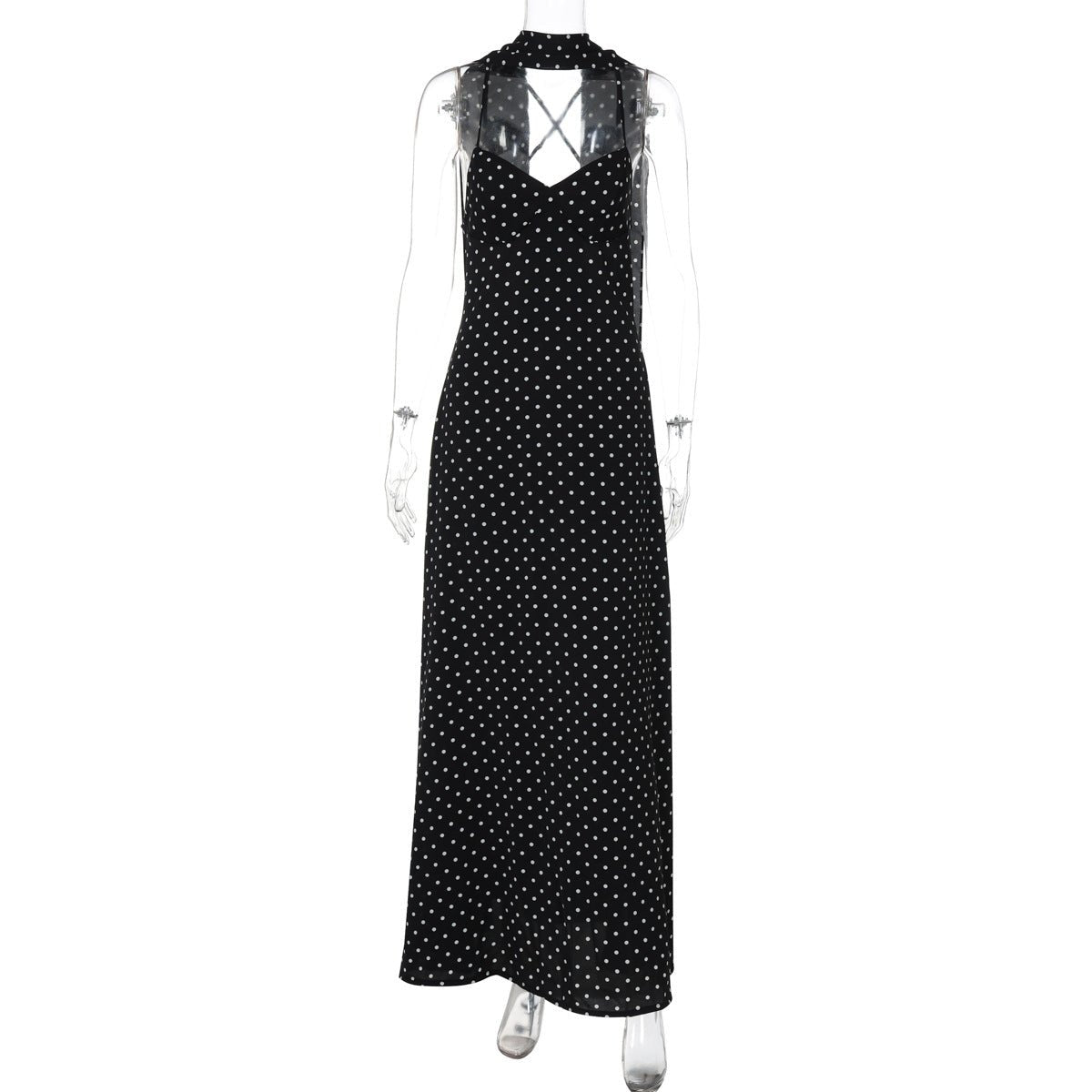 The Polka Dot Temptation | Black Polka Dot V-Neck Backless Maxi Swing Dress