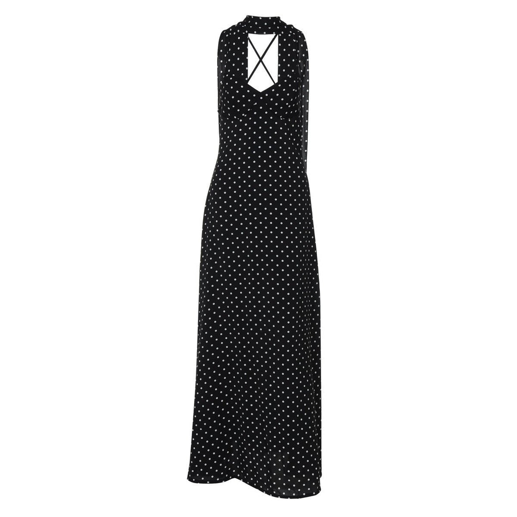 The Polka Dot Temptation | Black Polka Dot V-Neck Backless Maxi Swing Dress