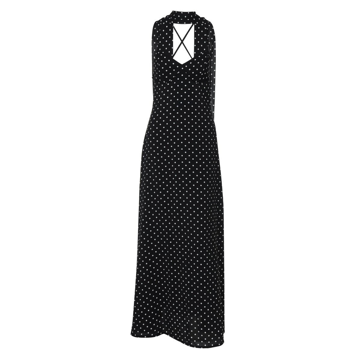 The Polka Dot Temptation | Black Polka Dot V-Neck Backless Maxi Swing Dress
