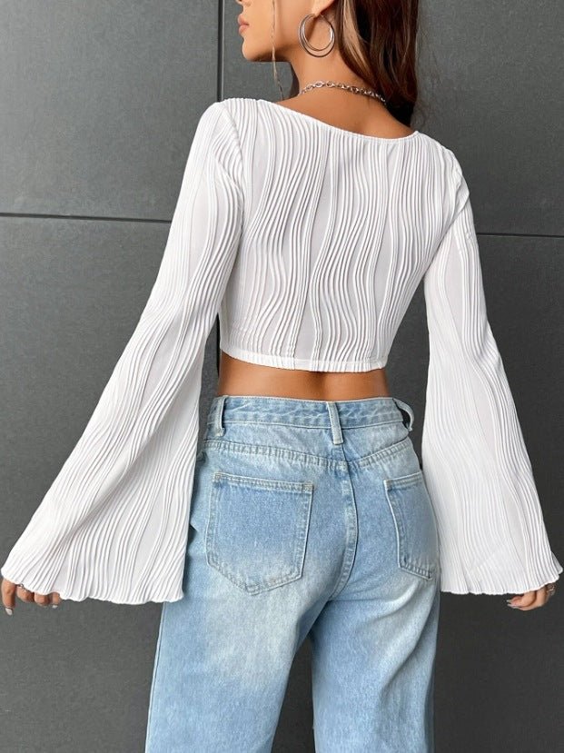 U-neck top water ripple slim crop top flared long-sleeved top