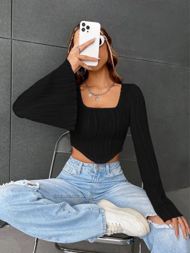 U-neck top water ripple slim crop top flared long-sleeved top