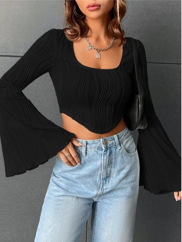 U-neck top water ripple slim crop top flared long-sleeved top
