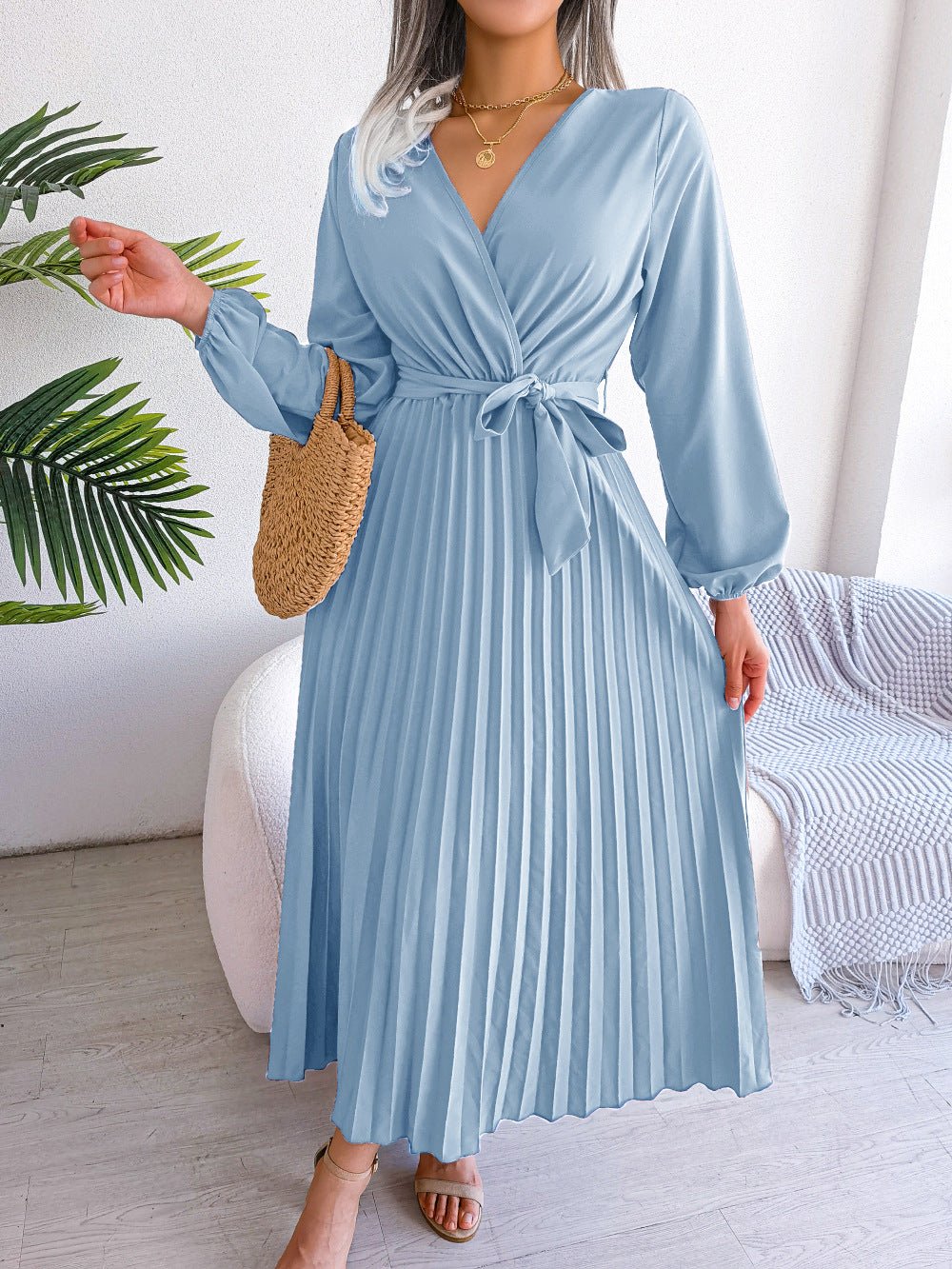 The Graceful Flow | Solid Color V-Neck Ruffled Pleated Maxi Dress
