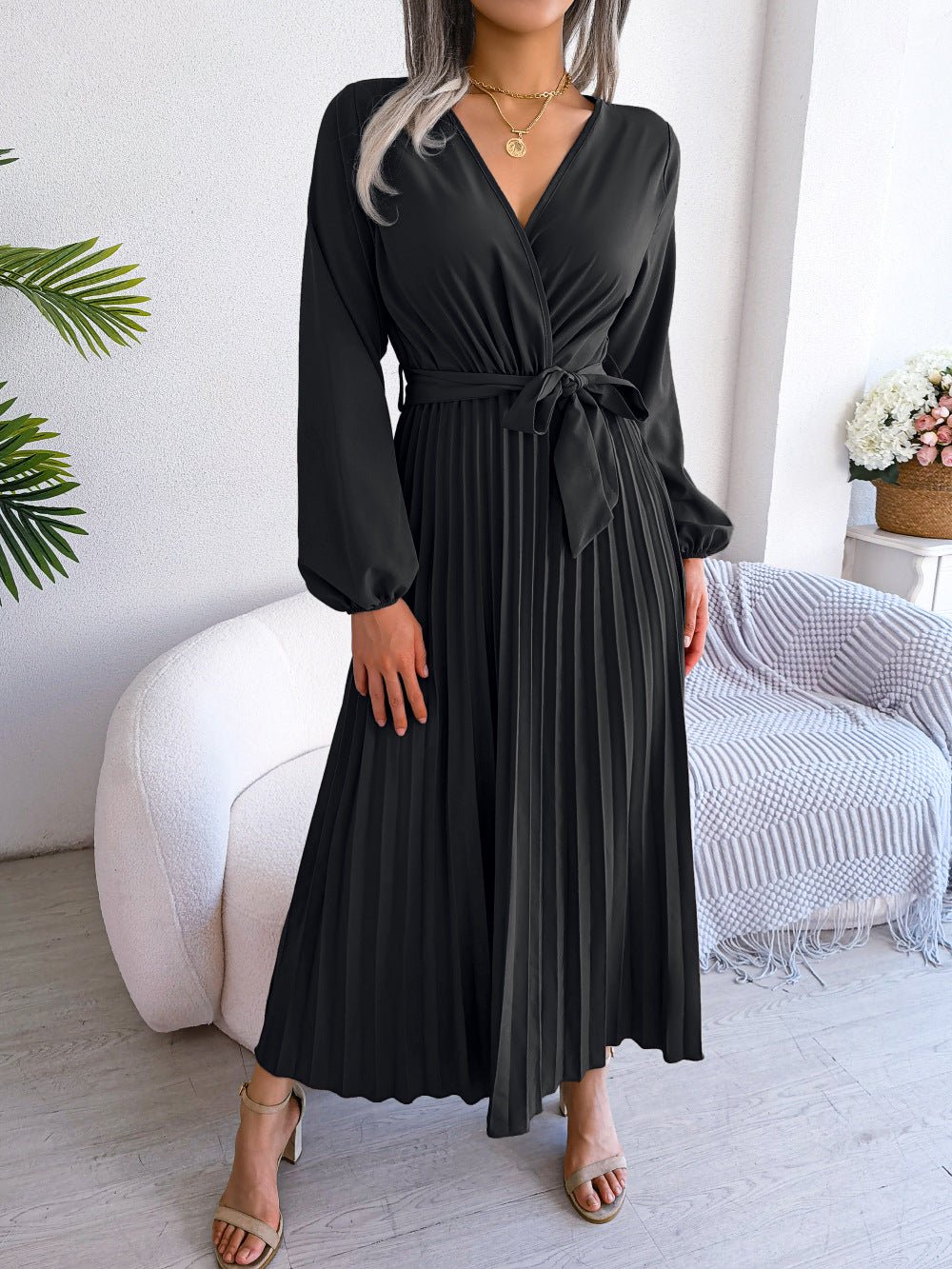 The Graceful Flow | Solid Color V-Neck Ruffled Pleated Maxi Dress