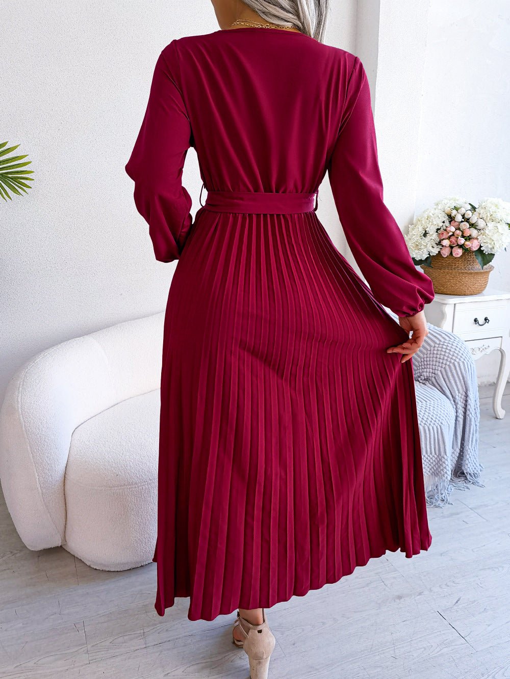 The Graceful Flow | Solid Color V-Neck Ruffled Pleated Maxi Dress
