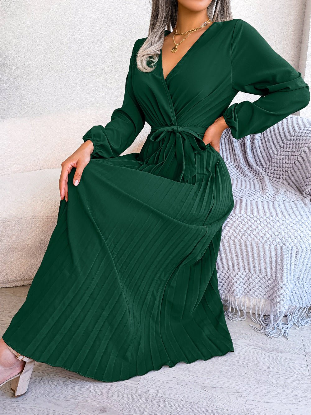 The Graceful Flow | Solid Color V-Neck Ruffled Pleated Maxi Dress