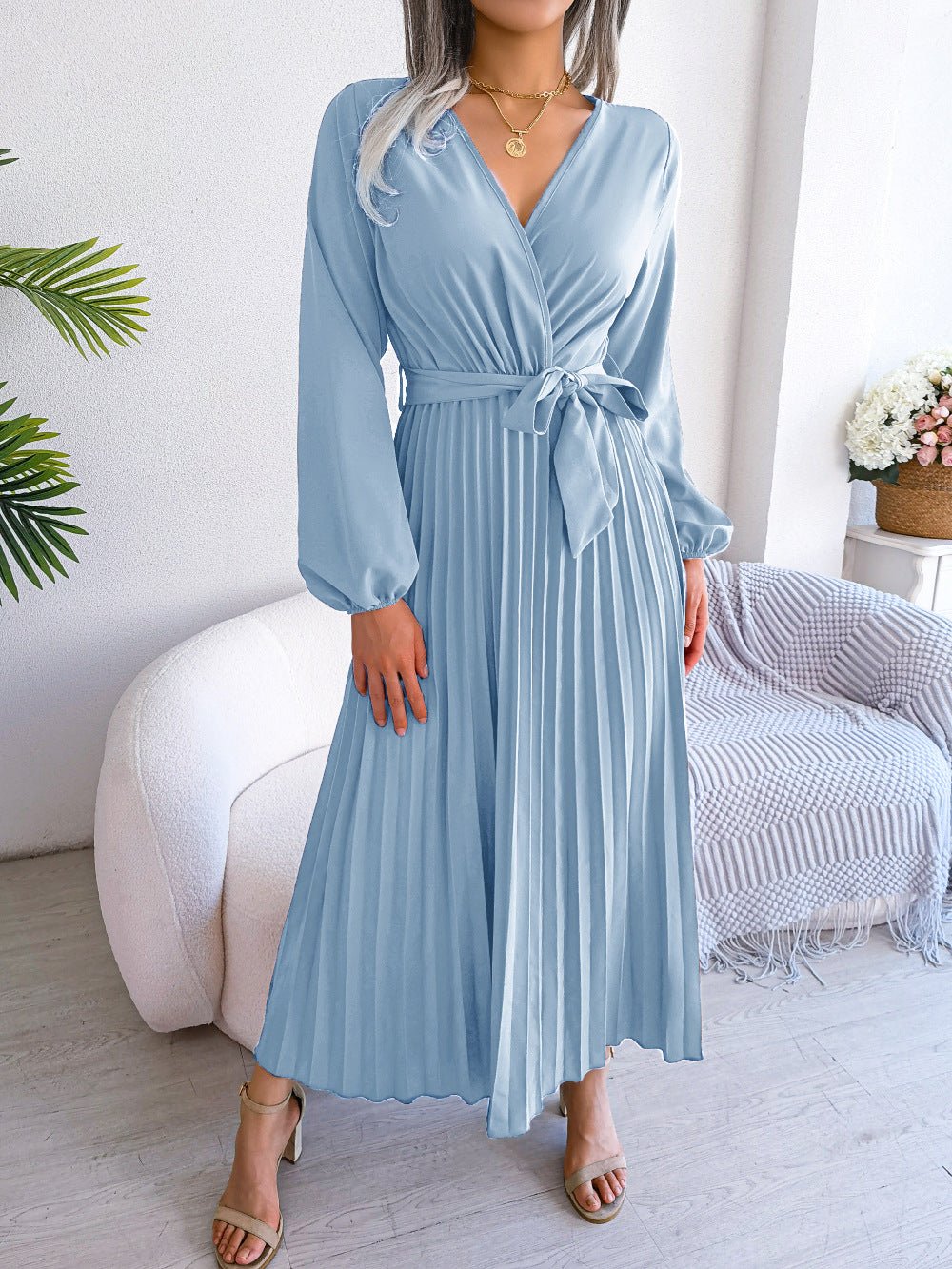 The Graceful Flow | Solid Color V-Neck Ruffled Pleated Maxi Dress