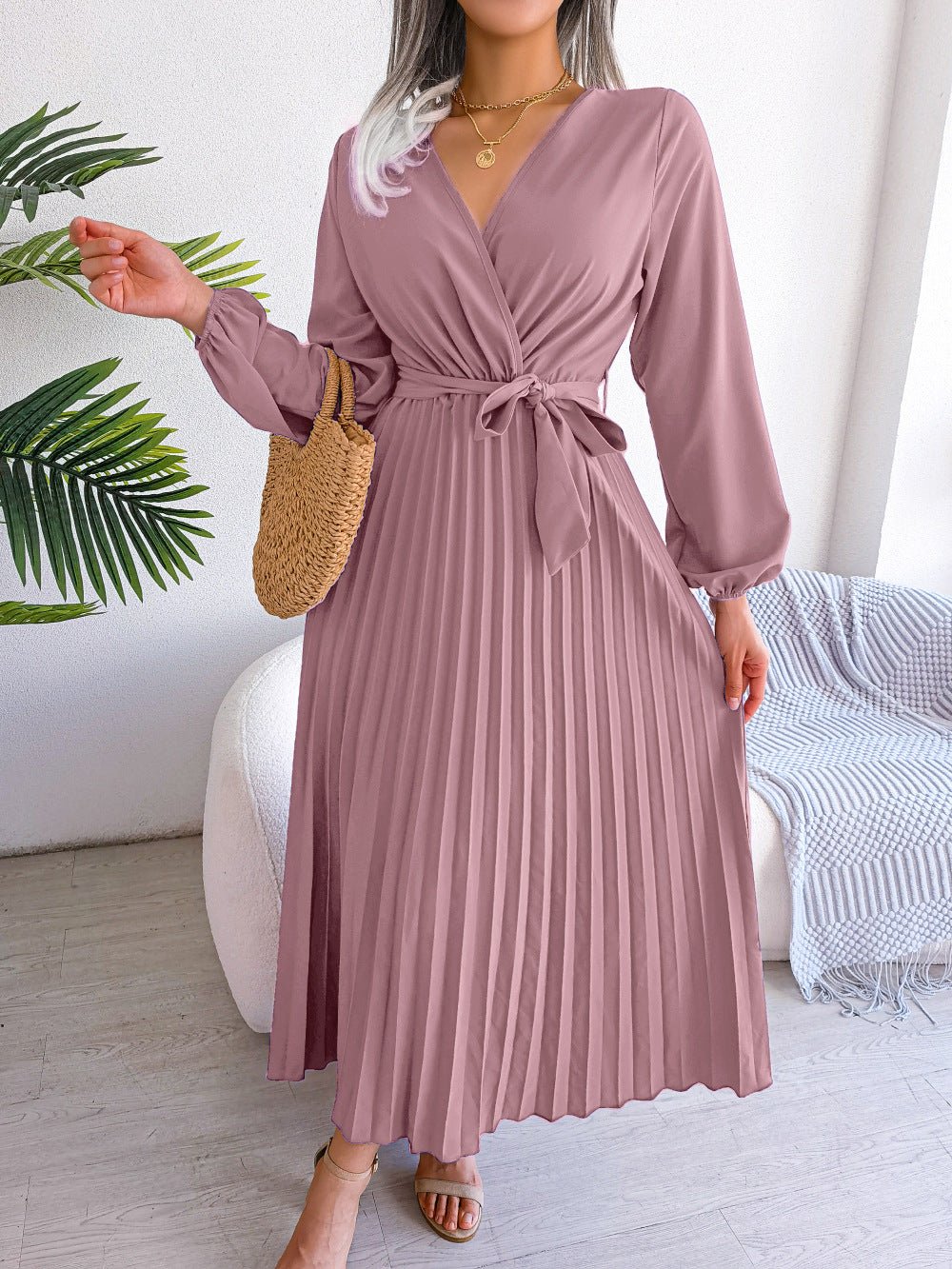 The Graceful Flow | Solid Color V-Neck Ruffled Pleated Maxi Dress