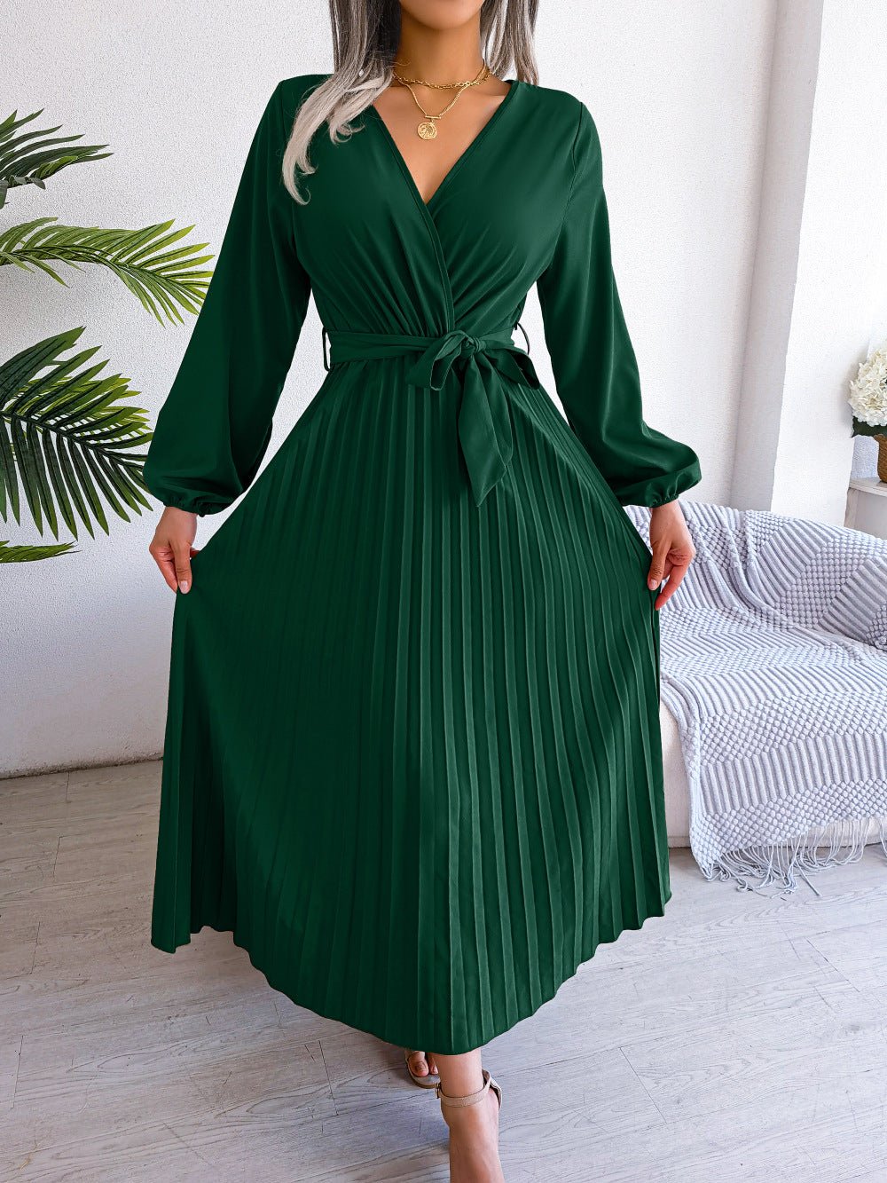 The Graceful Flow | Solid Color V-Neck Ruffled Pleated Maxi Dress