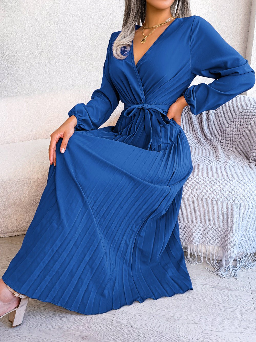 The Graceful Flow | Solid Color V-Neck Ruffled Pleated Maxi Dress