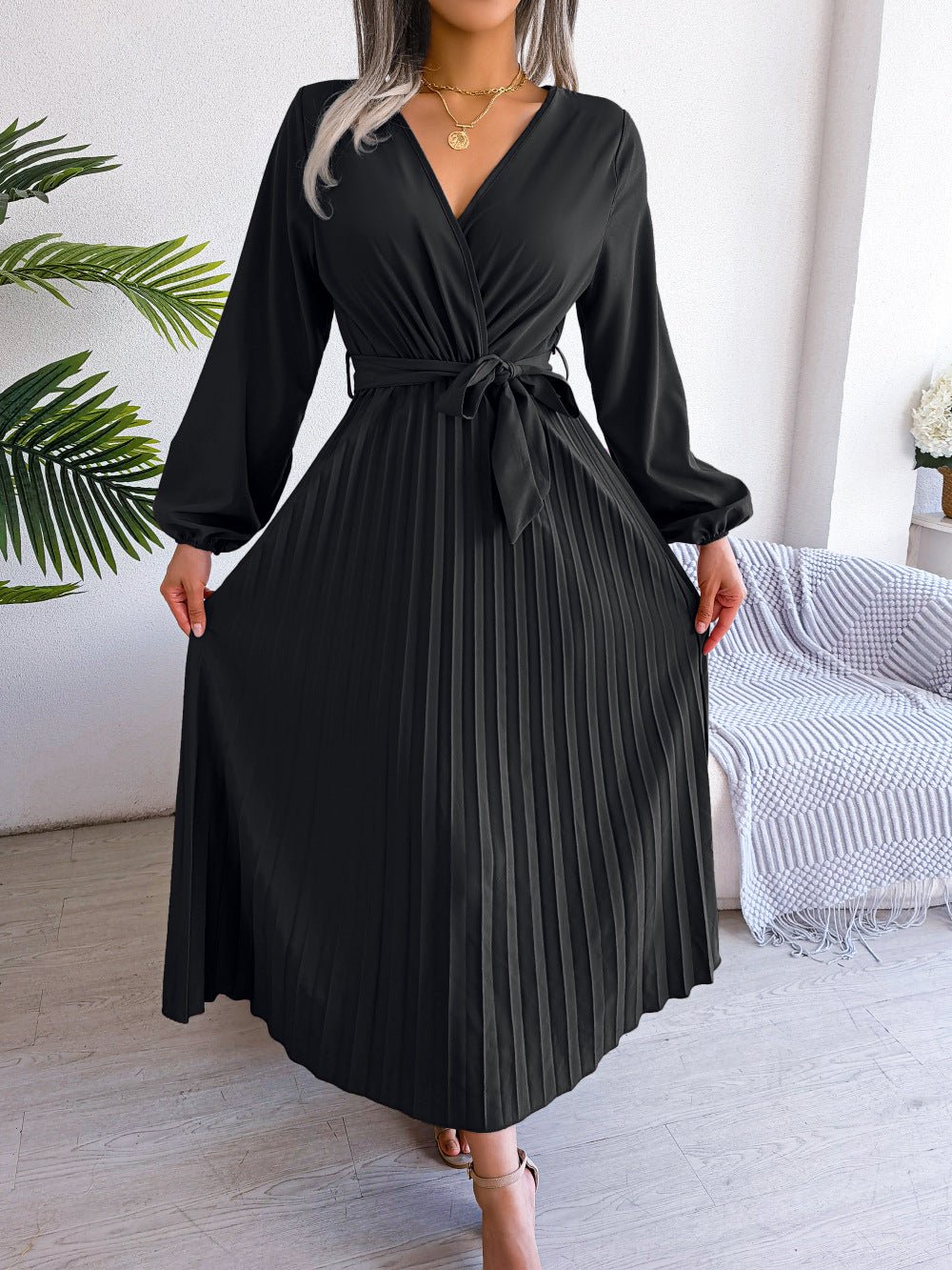 The Graceful Flow | Solid Color V-Neck Ruffled Pleated Maxi Dress