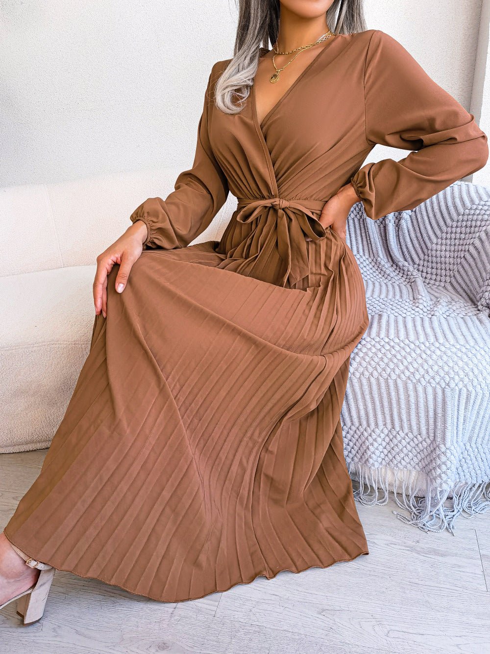 The Graceful Flow | Solid Color V-Neck Ruffled Pleated Maxi Dress