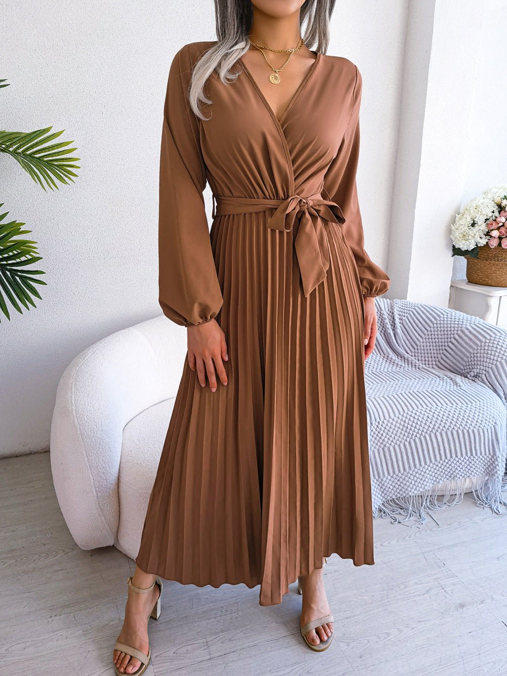 The Graceful Flow | Solid Color V-Neck Ruffled Pleated Maxi Dress