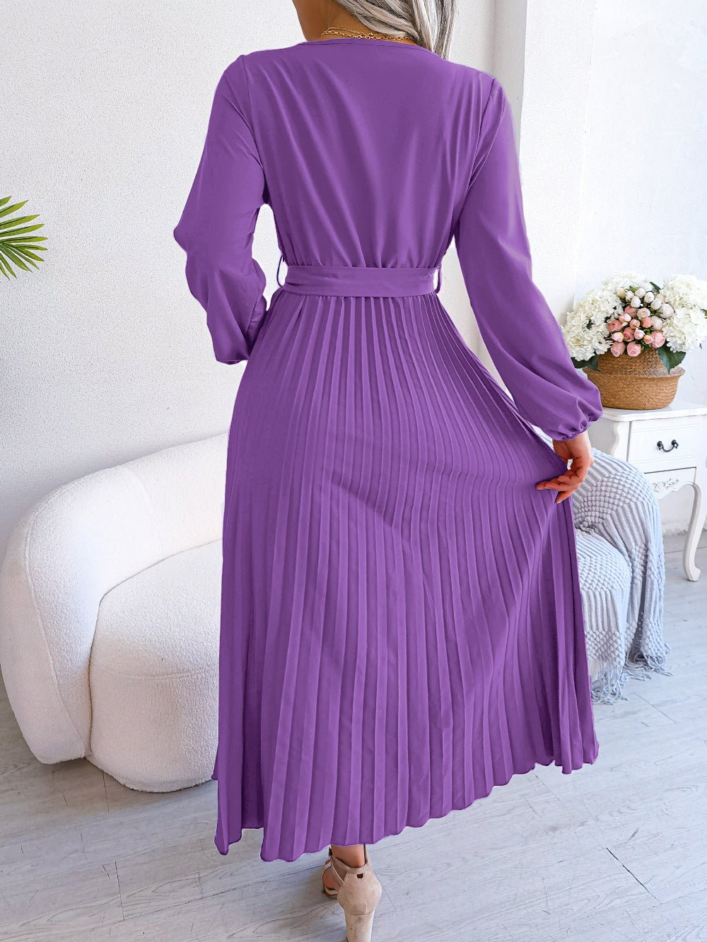 The Graceful Flow | Solid Color V-Neck Ruffled Pleated Maxi Dress