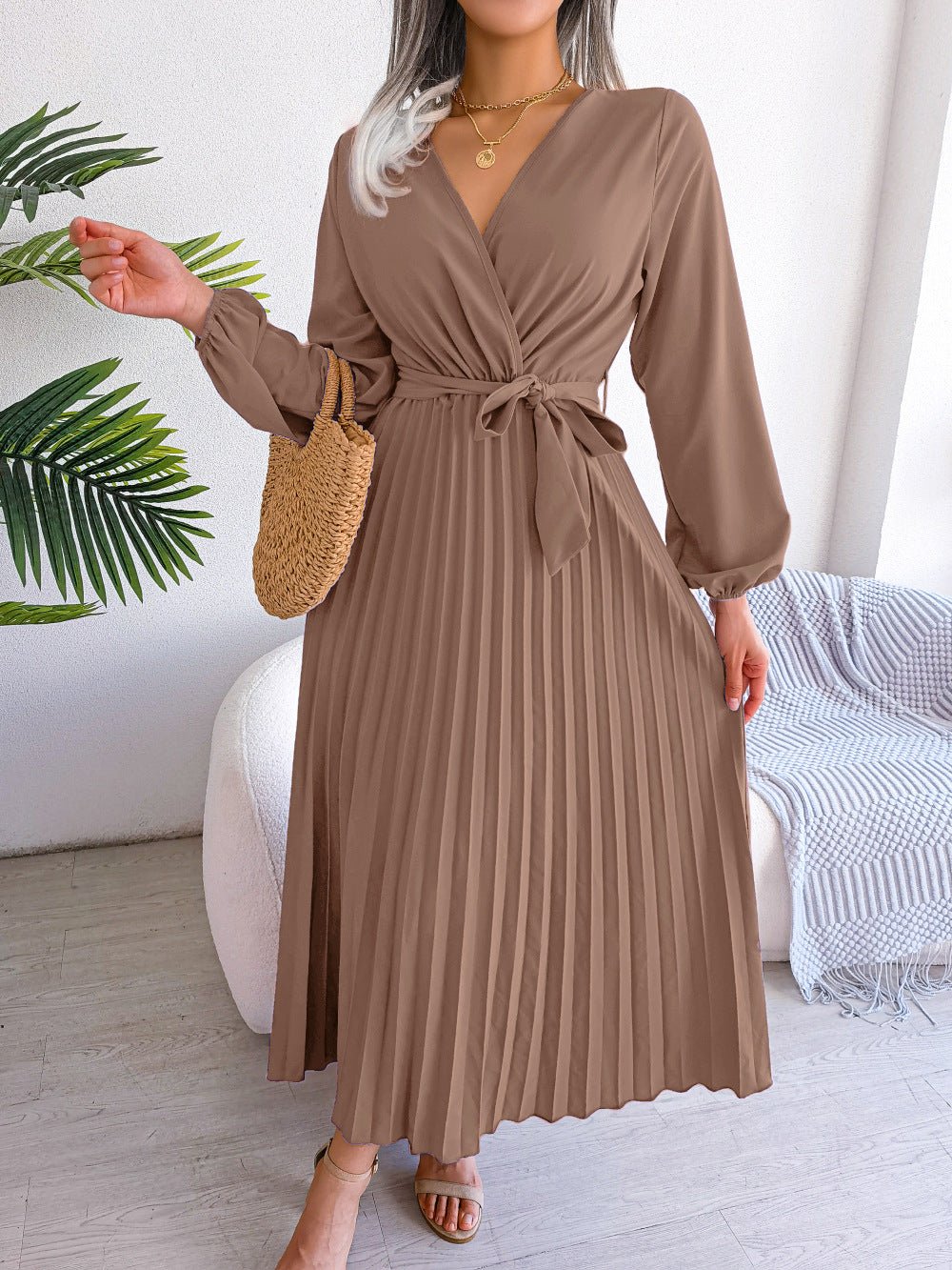 The Graceful Flow | Solid Color V-Neck Ruffled Pleated Maxi Dress