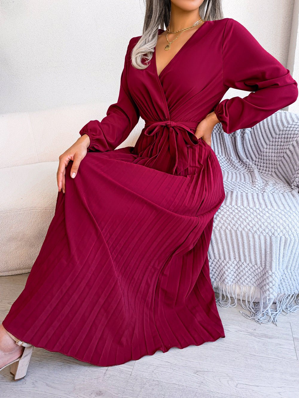 The Graceful Flow | Solid Color V-Neck Ruffled Pleated Maxi Dress