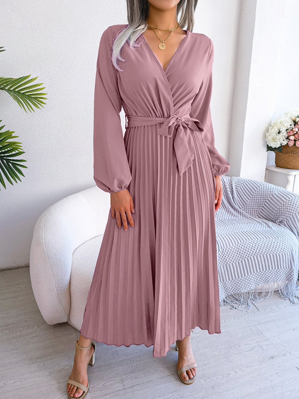 The Graceful Flow | Solid Color V-Neck Ruffled Pleated Maxi Dress