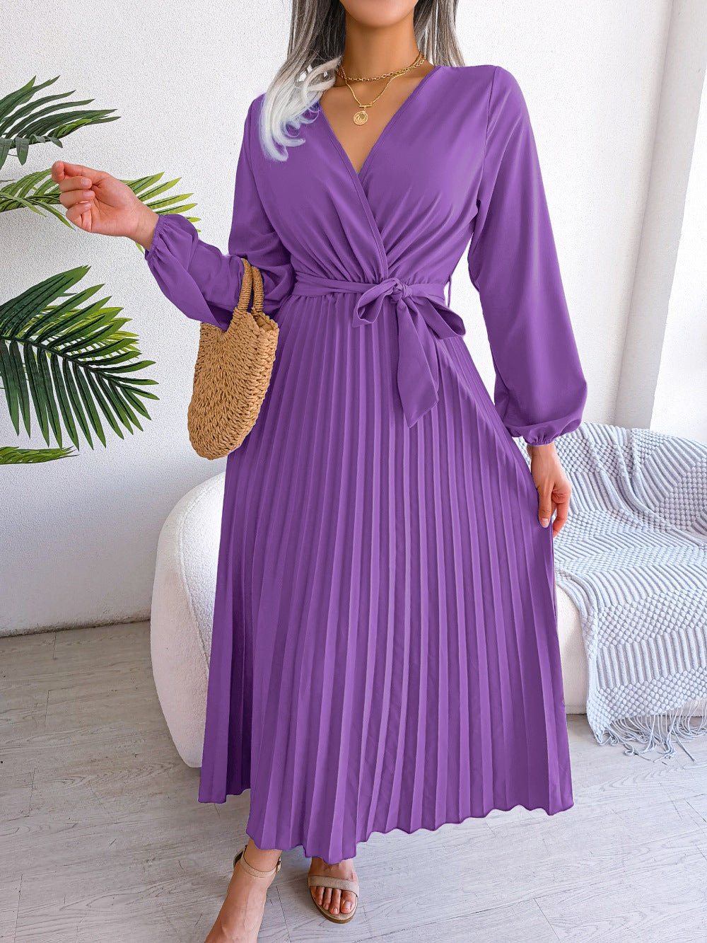 The Graceful Flow | Solid Color V-Neck Ruffled Pleated Maxi Dress