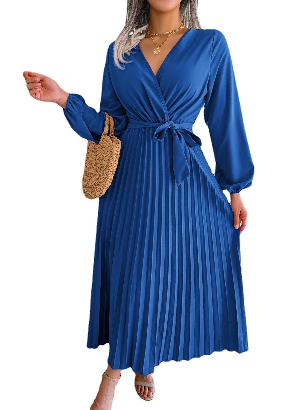 The Graceful Flow | Solid Color V-Neck Ruffled Pleated Maxi Dress