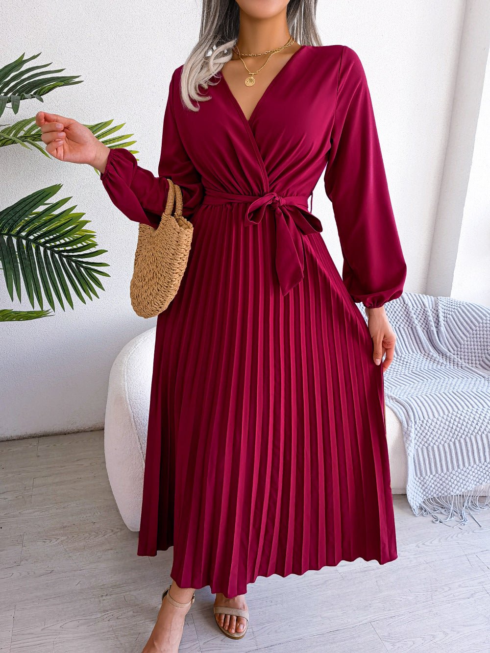 The Graceful Flow | Solid Color V-Neck Ruffled Pleated Maxi Dress