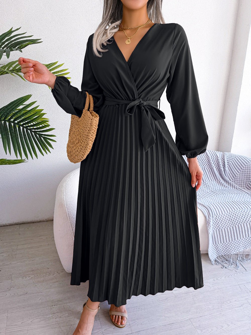 The Graceful Flow | Solid Color V-Neck Ruffled Pleated Maxi Dress