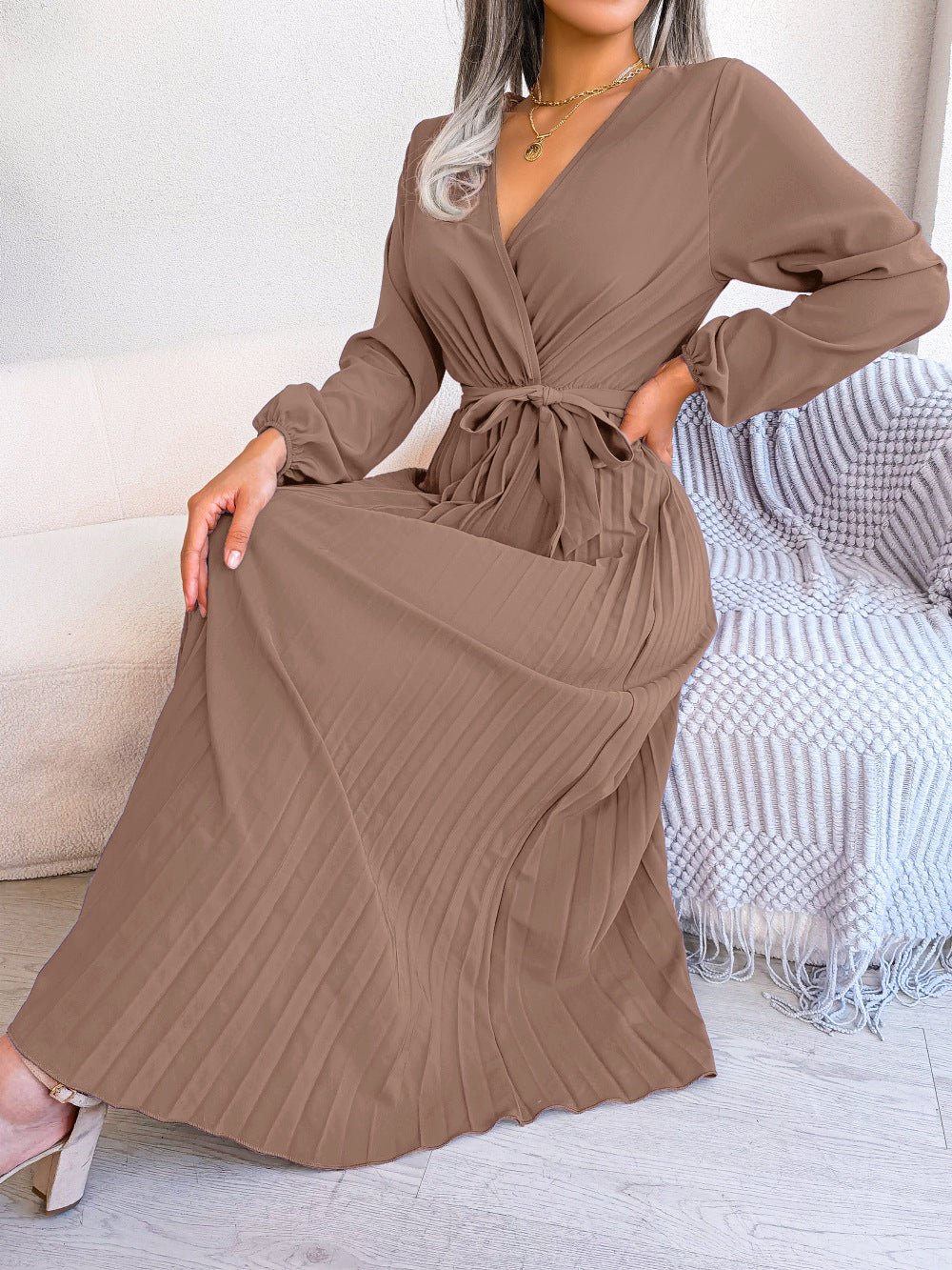 The Graceful Flow | Solid Color V-Neck Ruffled Pleated Maxi Dress