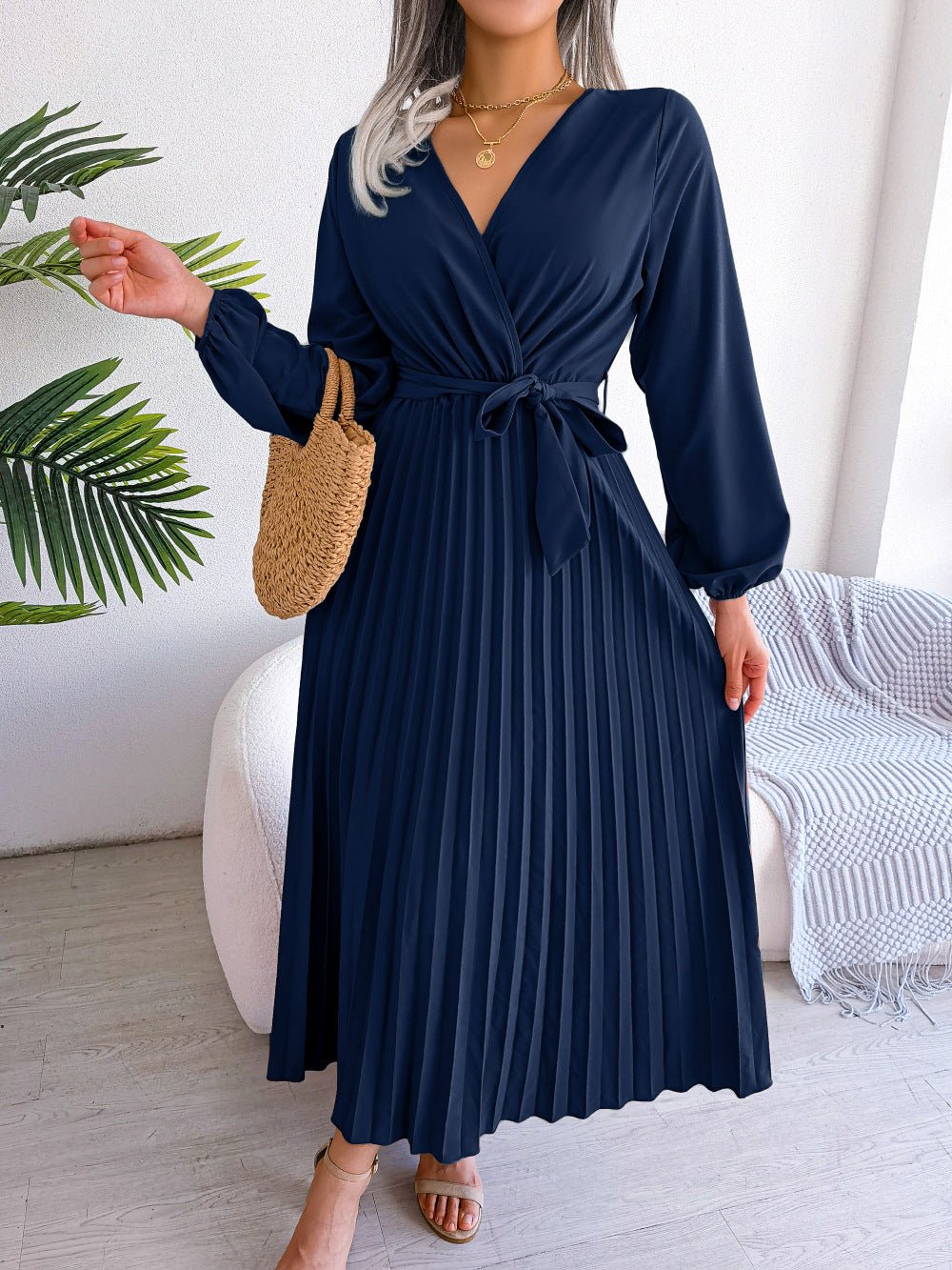 The Graceful Flow | Solid Color V-Neck Ruffled Pleated Maxi Dress