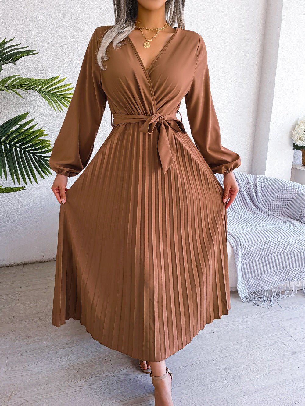 The Graceful Flow | Solid Color V-Neck Ruffled Pleated Maxi Dress