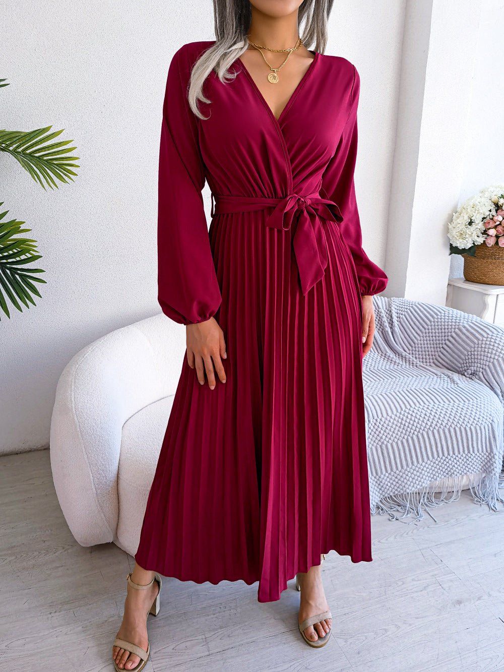 The Graceful Flow | Solid Color V-Neck Ruffled Pleated Maxi Dress