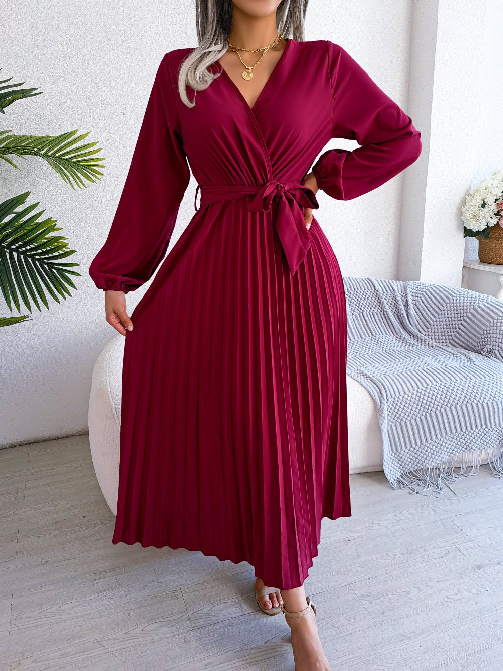 The Graceful Flow | Solid Color V-Neck Ruffled Pleated Maxi Dress