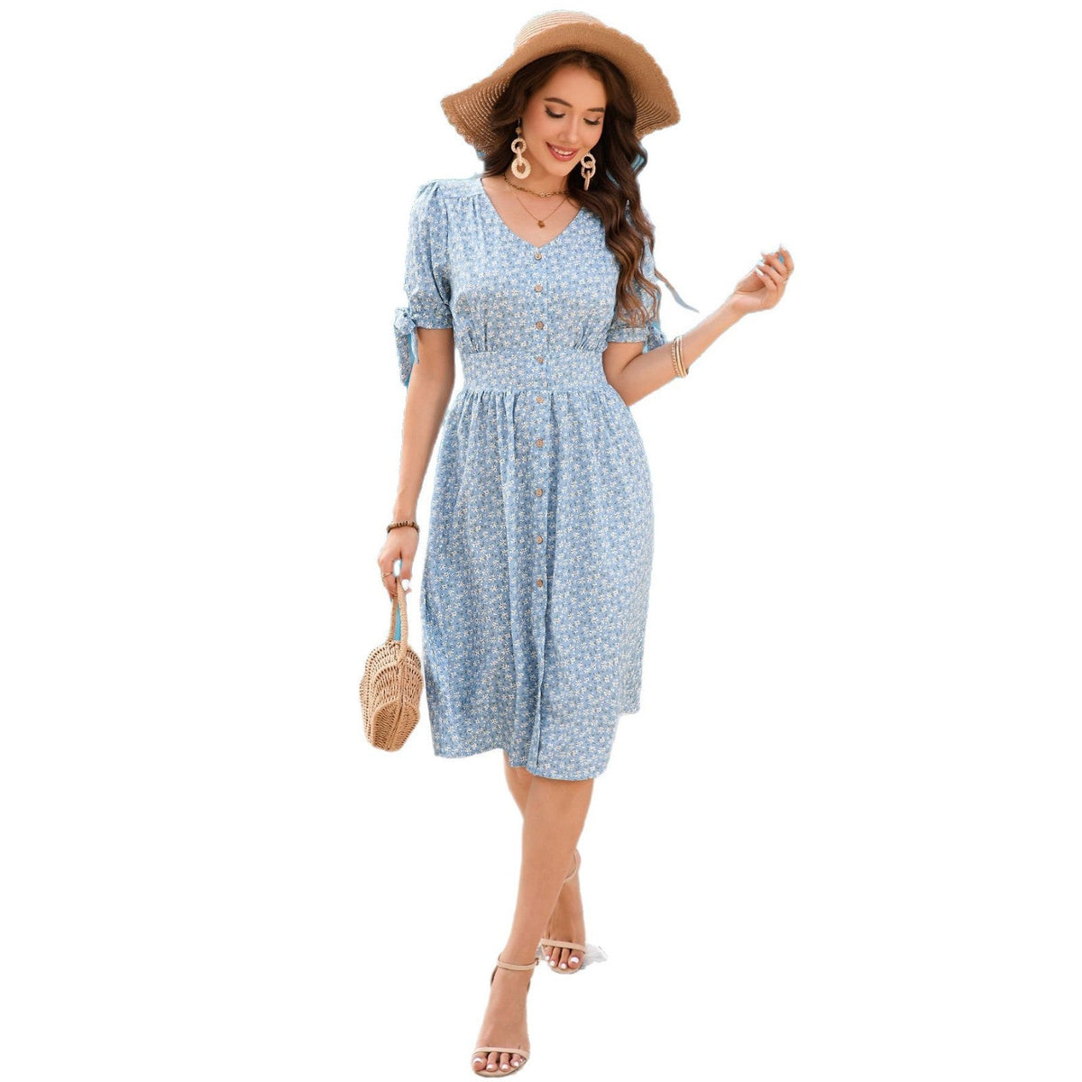 V-neck short-sleeved dress for leisure and vacation idyllic skirt