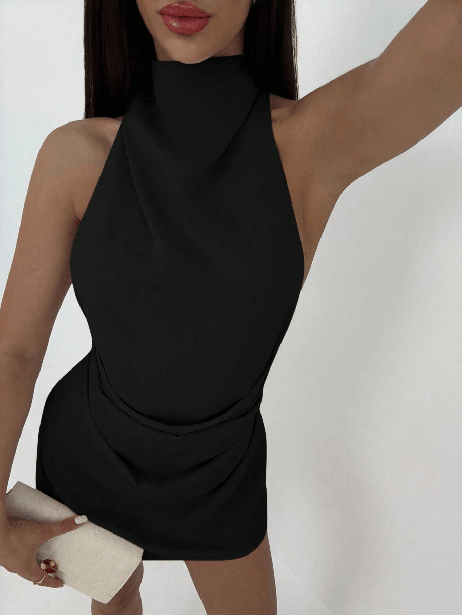 Cannes Draped Dress – Halter Mini with Open Back