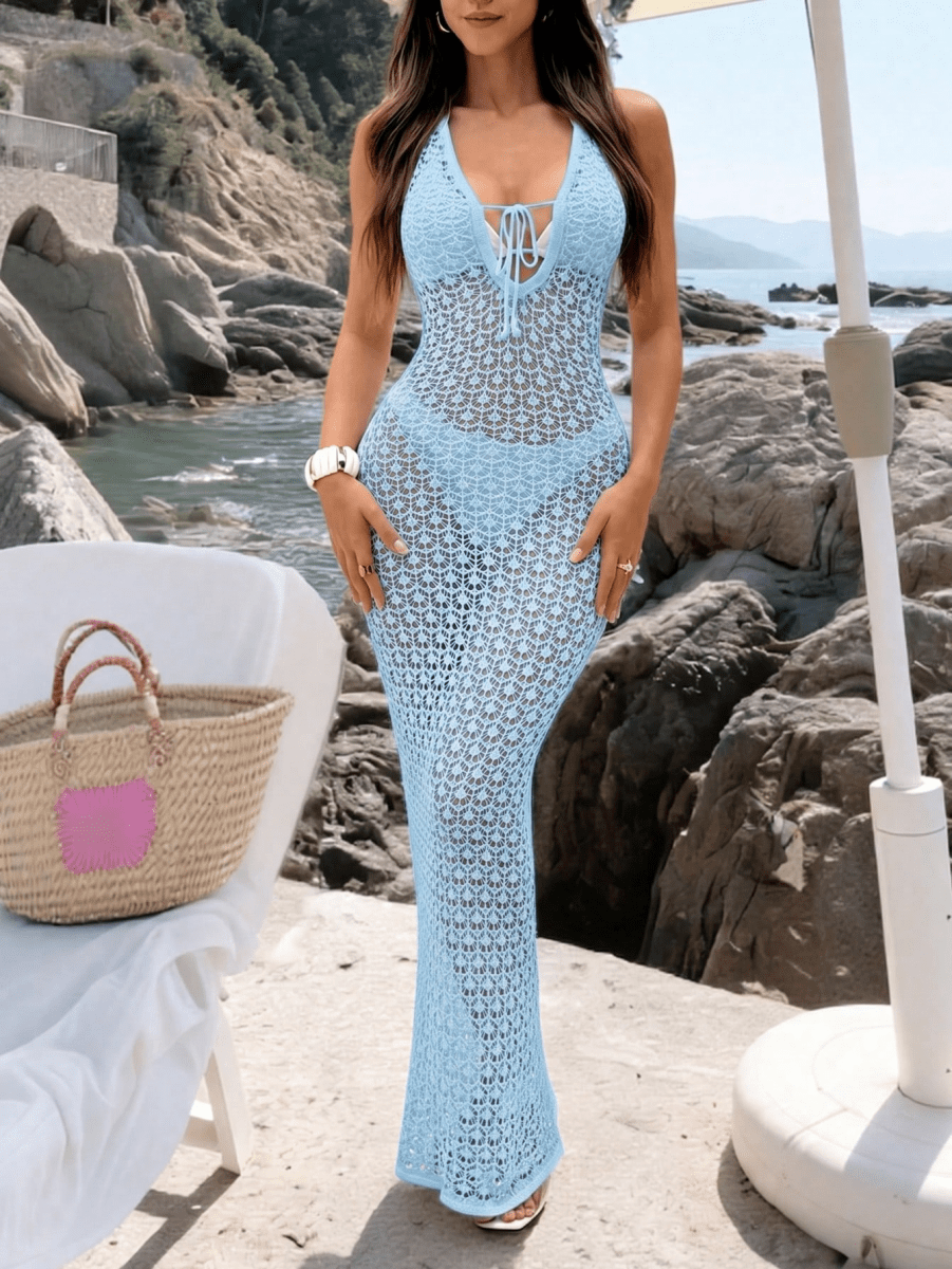 Riviera Dress – Long, Openwork Dress with a V-Neckline and Front Bow