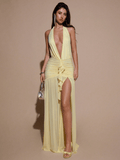 Scarlett Dress – Gathered Halter with V-Neck and High Slit