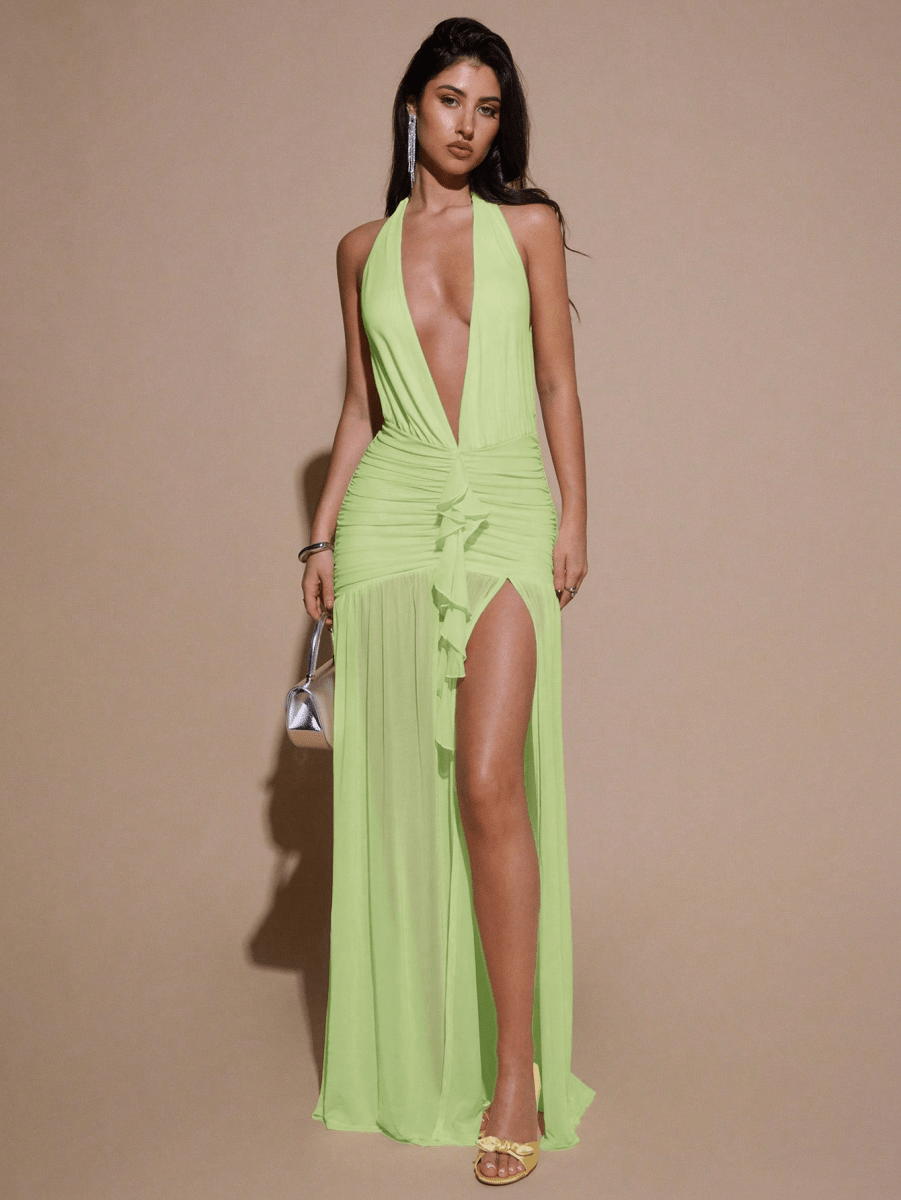 Scarlett Dress – Gathered Halter with V-Neck and High Slit