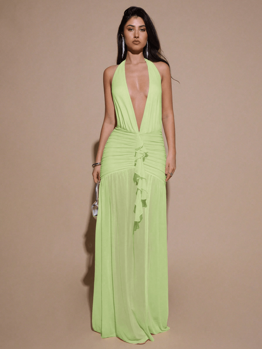 Scarlett Dress – Gathered Halter with V-Neck and High Slit