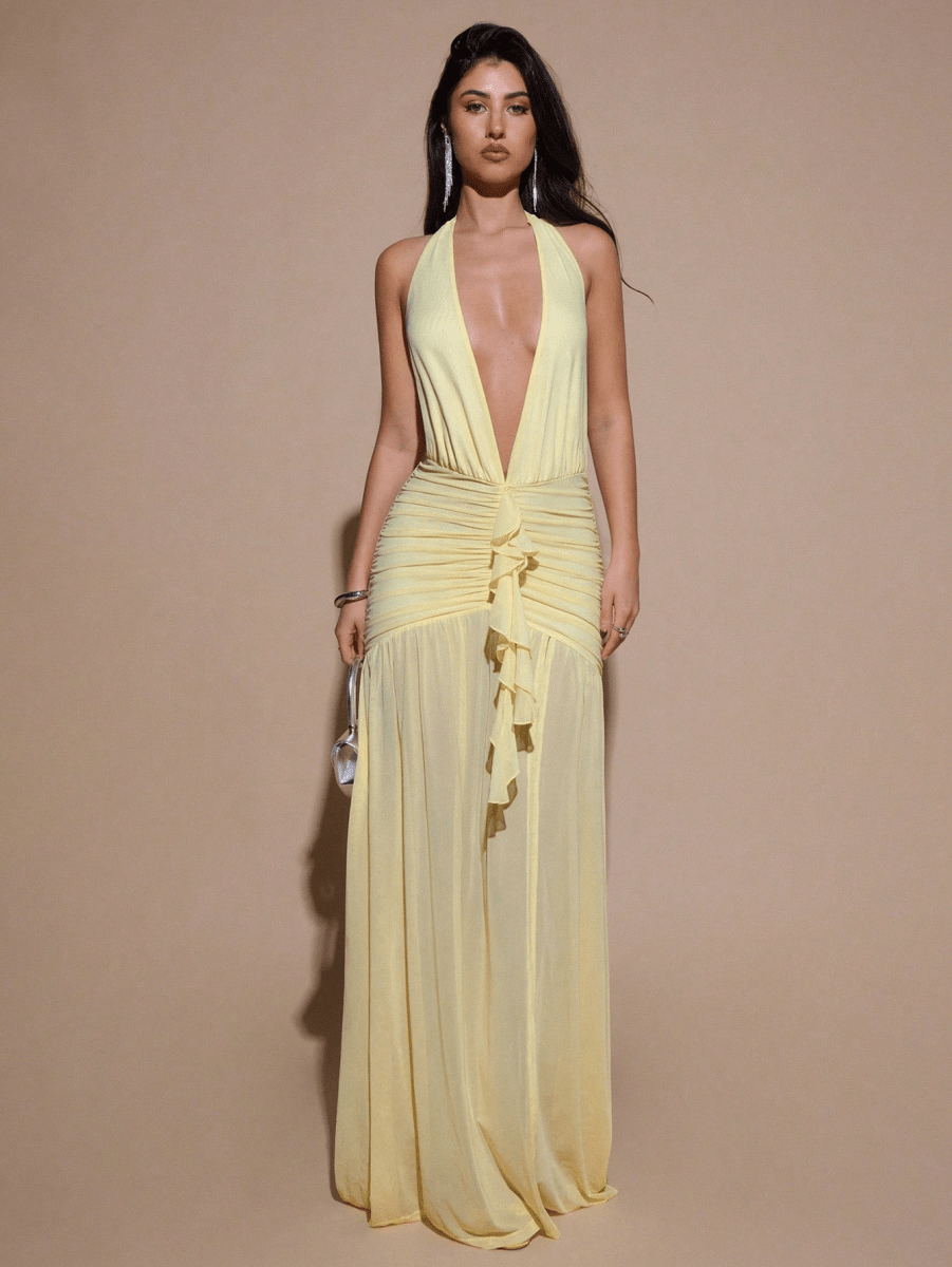 Scarlett Dress – Gathered Halter with V-Neck and High Slit