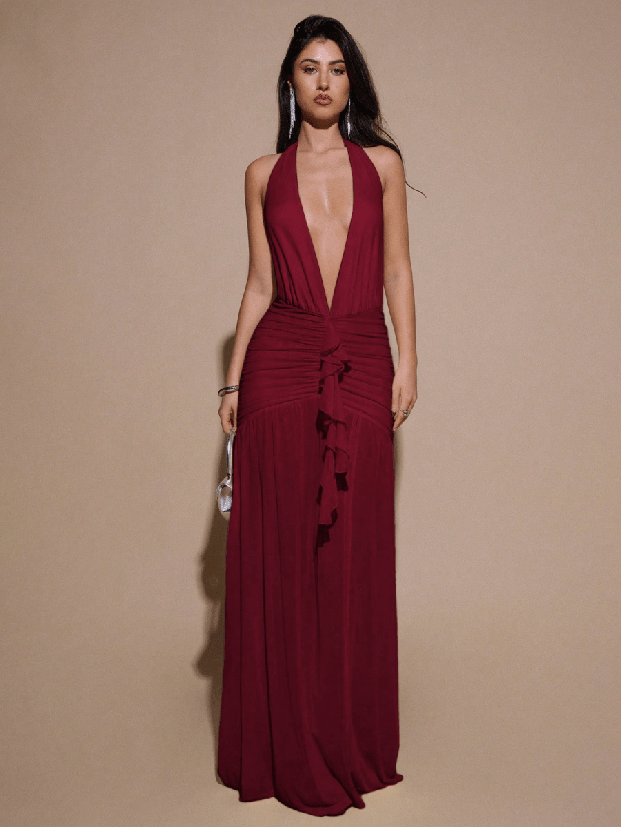 Scarlett Dress – Gathered Halter with V-Neck and High Slit
