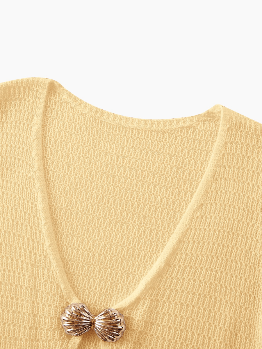 Soleil Dress – Knit Mini Dress with a Deep V-Neckline and Gold Accents