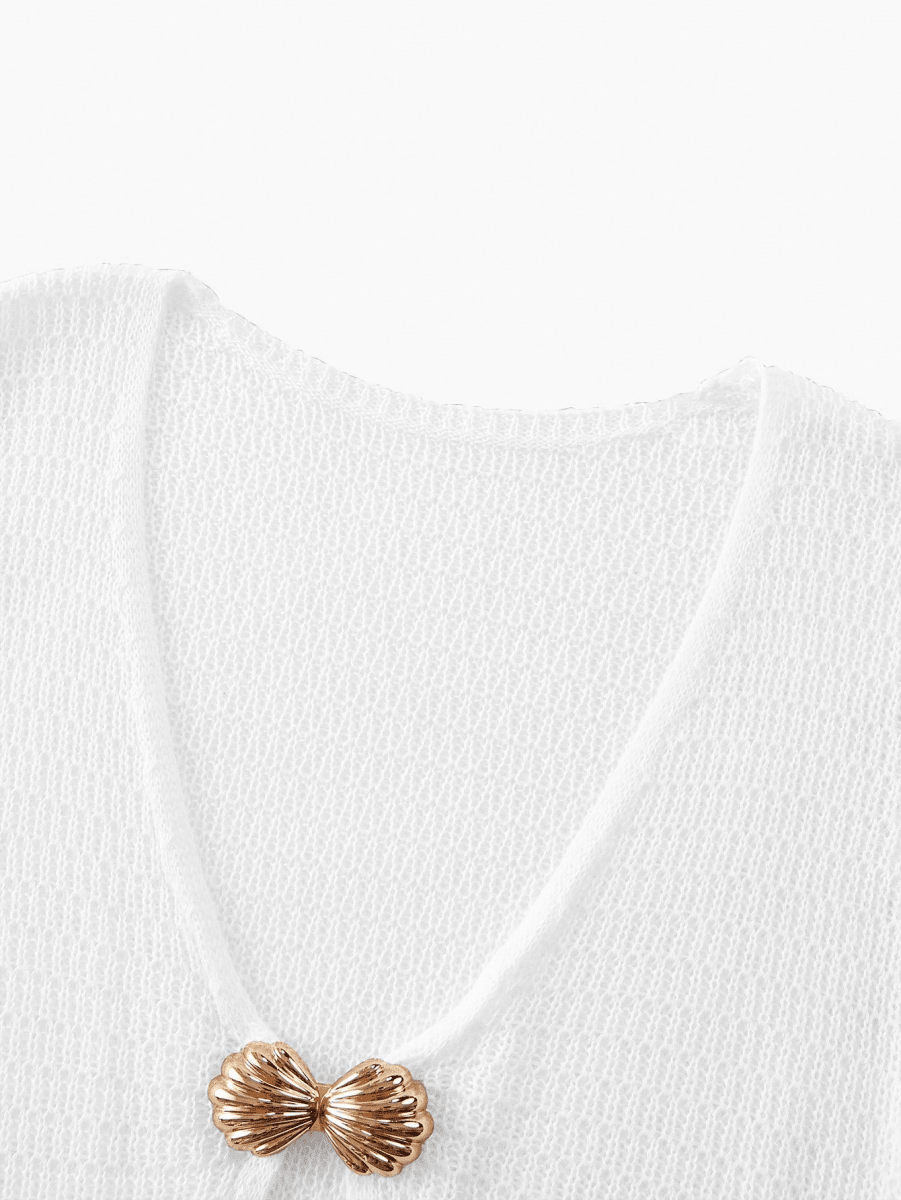 Soleil Dress – Knit Mini Dress with a Deep V-Neckline and Gold Accents