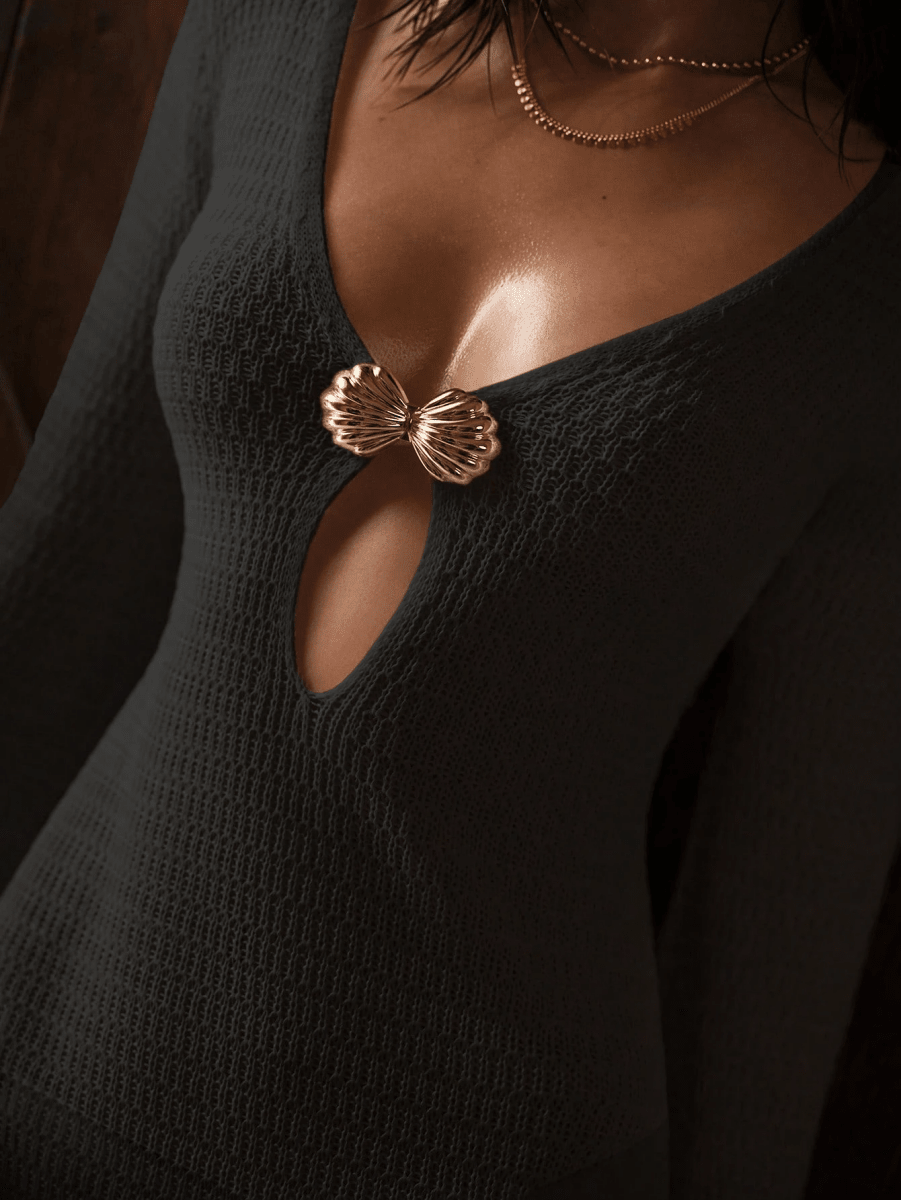 Soleil Dress – Knit Mini Dress with a Deep V-Neckline and Gold Accents